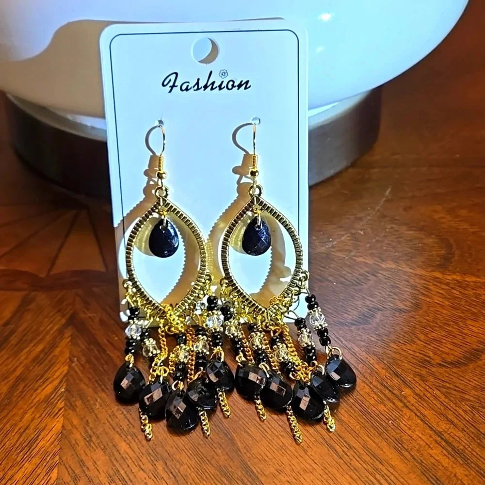 Vintage Bohemian Style Black & Gold Beaded Waterdrop Dangle Earrings Boho Hoops